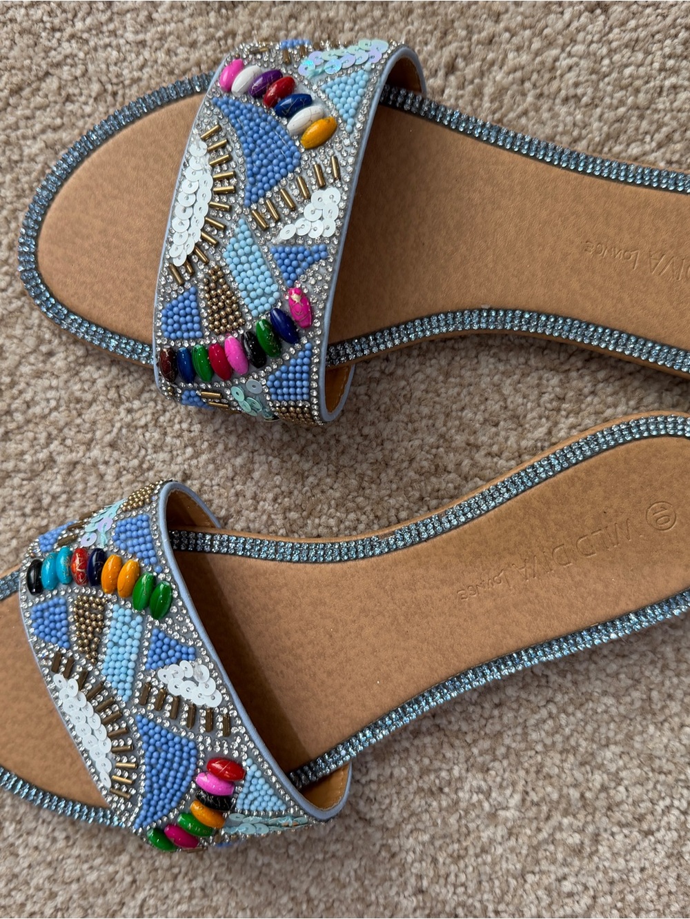 Wild Diva Blue Beaded Multicolor Slide Sandals